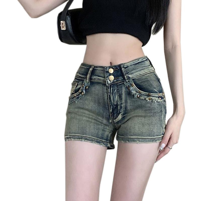 Shorts en denim pour femmes américaines Jambe droite Rétro Élastique Taille basse Shorts moulants