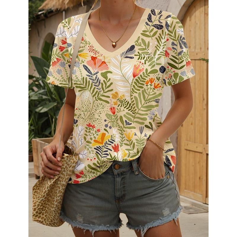 Women's Trendy T-Shirt Plants Graphics Fashion Short Sleeved V-Neck Regular Tops Daily Print Tee 2025  Summer Y2K Casual Tops