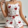 Women's Heart Print Spaghetti Strap Knit Pajama Set - Casual European & American Style