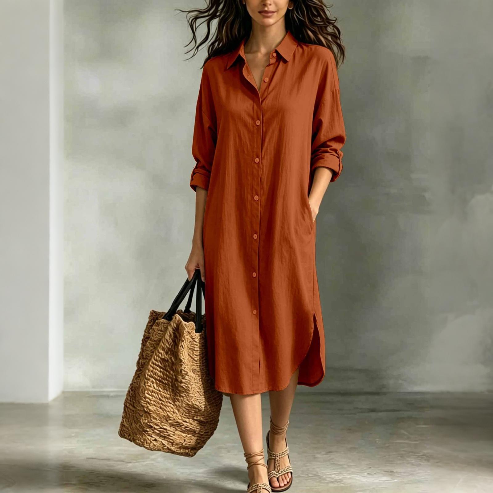 Damen Baumwoll-Leinen Freizeit Hemdblusenkleid mit Taschen Langarm Knöpfe Lockerer Schnitt Leichtes Midi-Kleid XXL brown