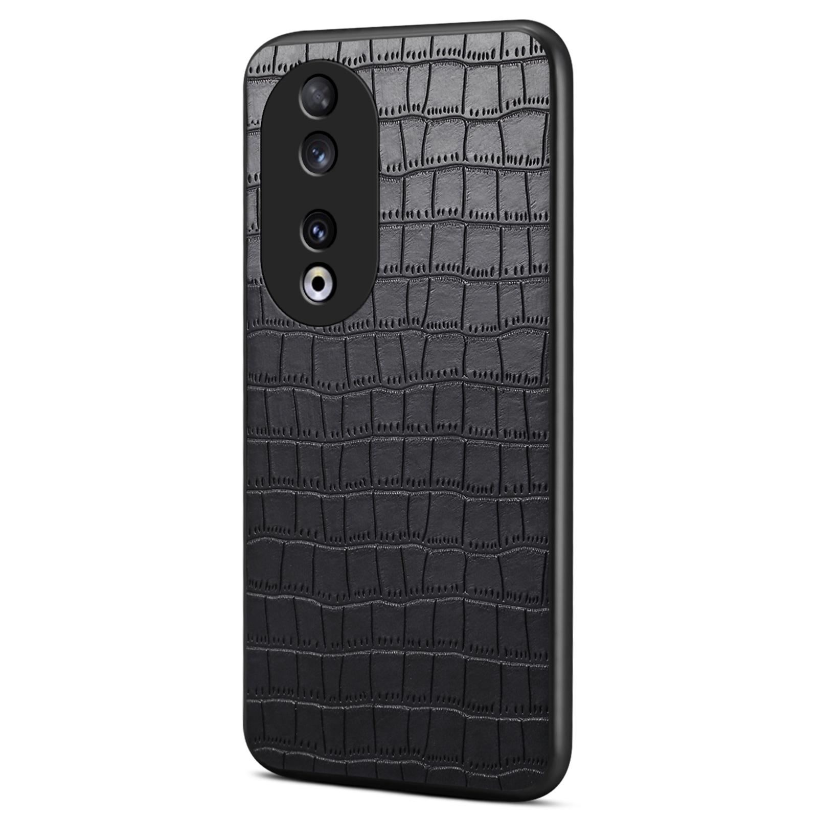 

For Honor 90 Back Case Leather Coated PC+TPU Crocodile Texture Shock Absorbing Phone Shell Black