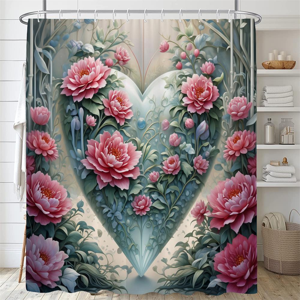 

Beautiful Heart-Shaped Flower Shower Curtain Loving Floral Shower Curtain Flowers And Plants Bathroom Curtains Home Decoratoin W60H190(CM)-1 Pcs