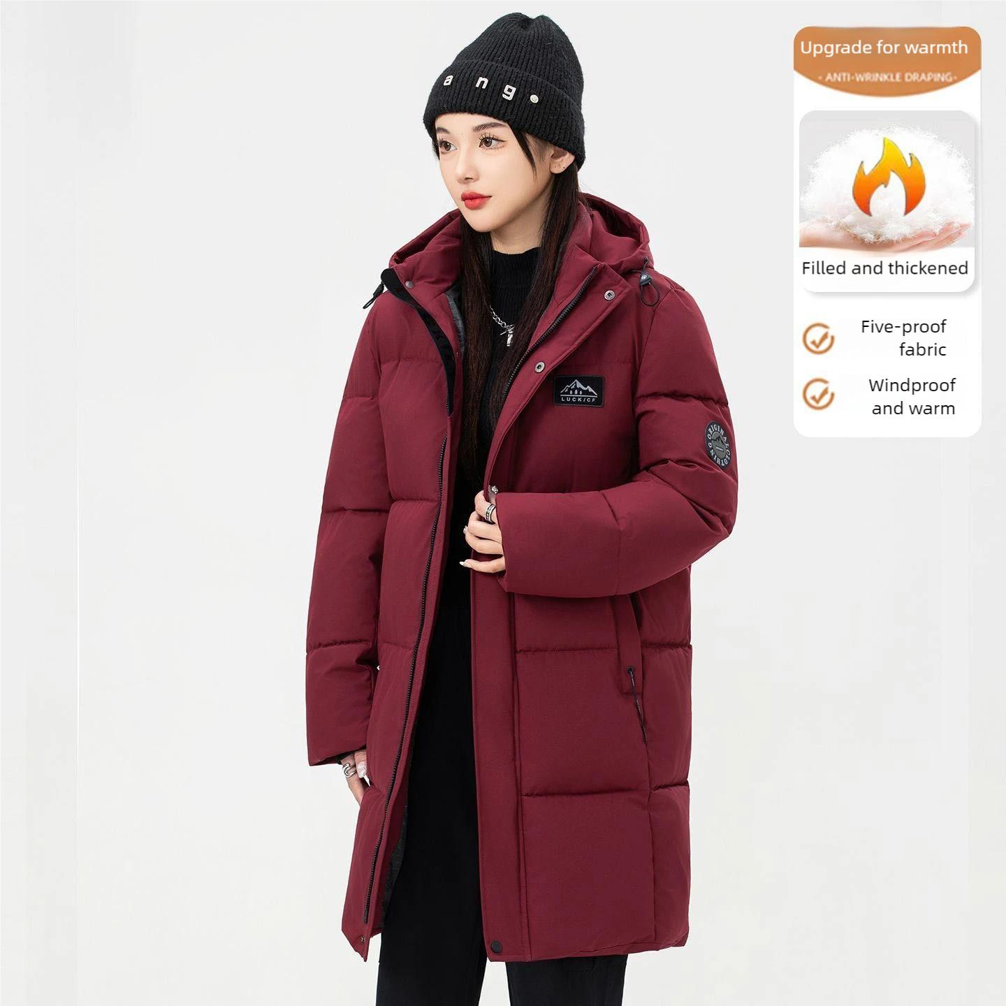 

Women s Hooded Plus Size Cotton Jacket Winter Thickened Warm Mid-Length Padded Jacket Windproof Waterproof Padded Coat 5XL вина червоного кольору