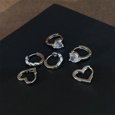 Silver Color Heart Zircon Hoop Earrings Women Sweet Cool Stylish Earring Set
