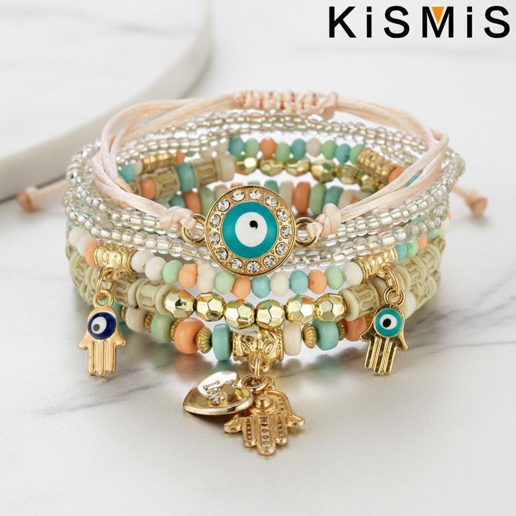 6Pcs Bohemian Stretch Beaded Bracelets Multi Layer Evil Eye Hand Bracelet Stackable Handmade Jewelry Accessories