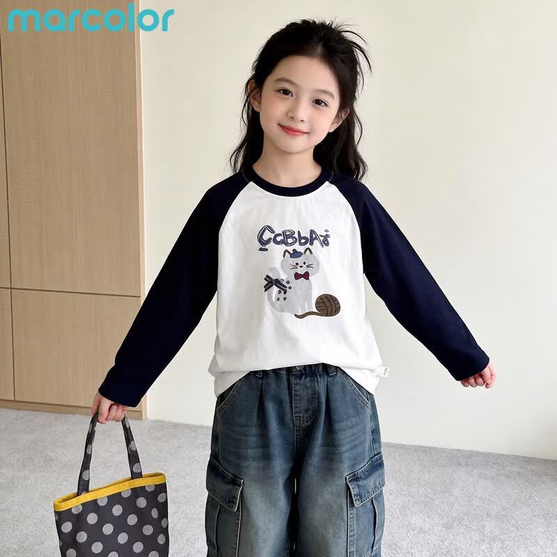 Girls' Cotton Raglan Colorblock Cartoon Print Long-Sleeve T-Shirt