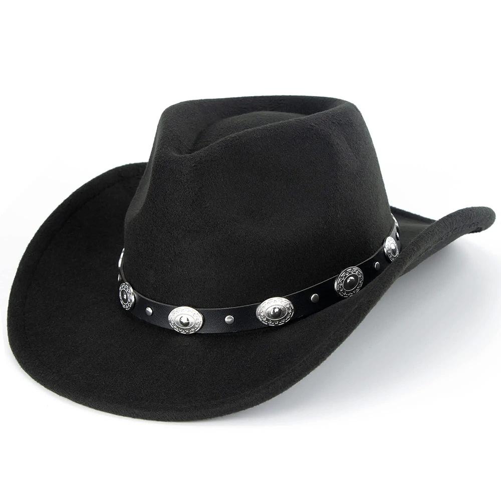 Women Men Western Cowboy Hats Felt Hat Fedora with Upturned Brim and Faux Silver Accents Wide Brim Fedoras Hat Ethnic Style