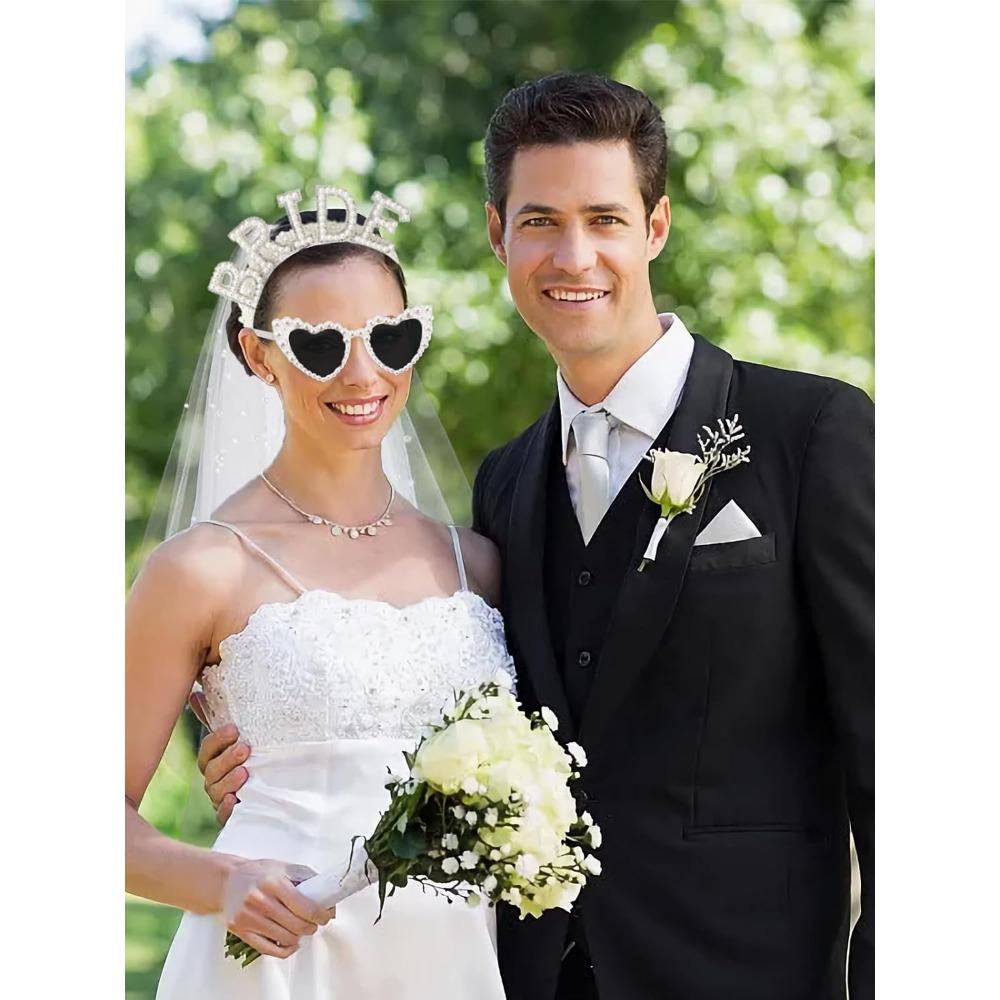 Pearl Bride Headband with Veil Heart Shaped Pearl Bride Sunglasses for Bachelorette Party Decorations Bride Accessories Bridal S