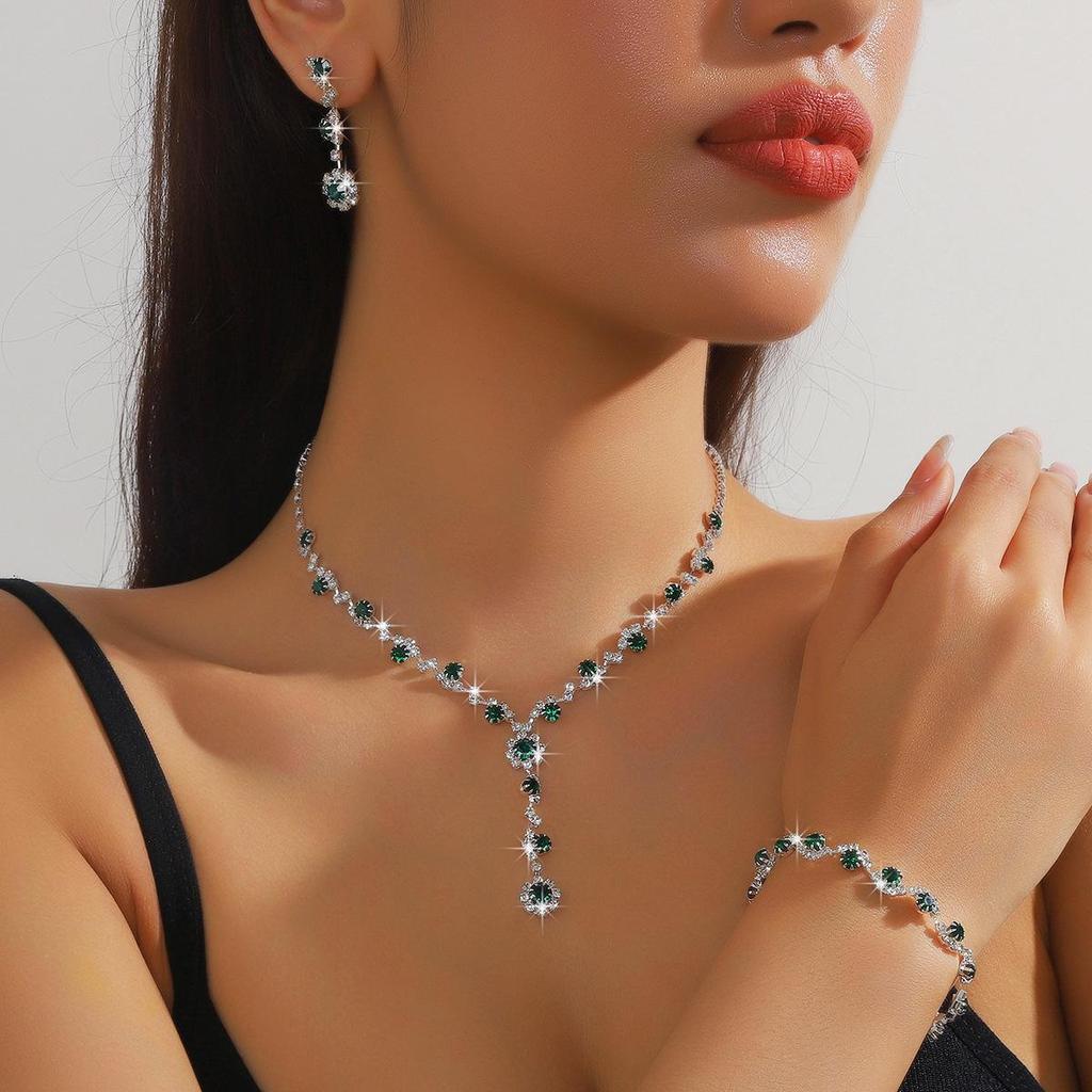 Pink Diamond & Multi-Color Gem Jewelry Set: Necklace, Earrings, Bracelet Trio for Weddings.