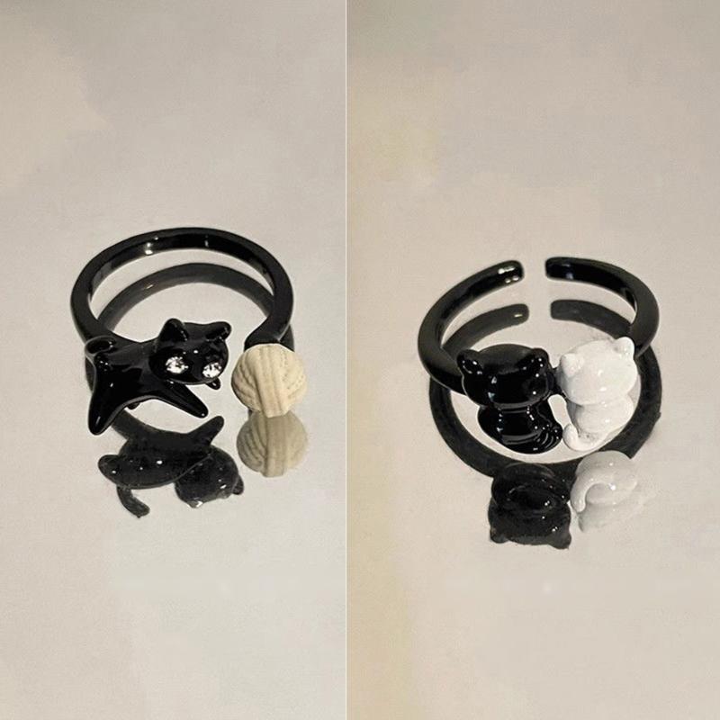 Funny Black Cat Open Rings for Women Fashion Cartoon Cute Kitten Finger Rings Party Jewelry Gift Aesthetic Accessories