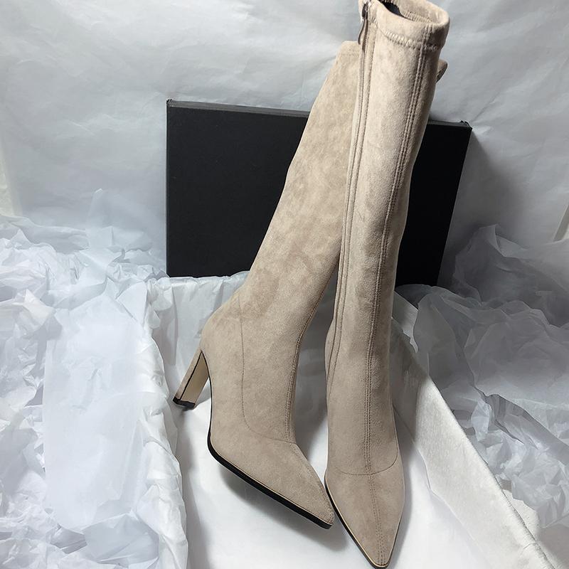 Fashion Vintage Pointed Toe Elastic Slim Women Knee High Boots Designer Square High Heels Zipper Long Botines De Mujer
