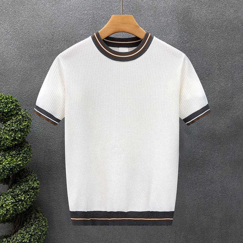 Summer Men's White Striped Short-Sleeve Knit Top