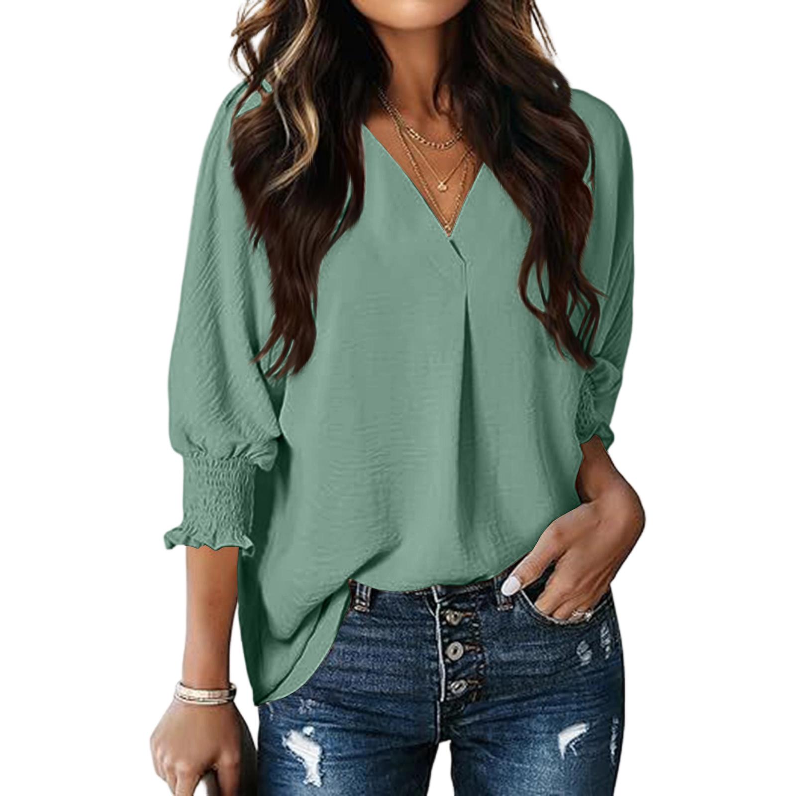 

Women s Fashion V-Neck Casual Solid Color Three-Quarter Sleeve Top L