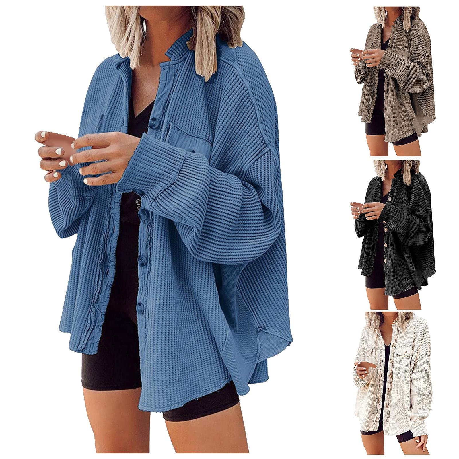 

(SU)Женская однотонная трикотажная рубашка на пуговицах со свободными рукавами, топ с потертым краем