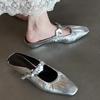 Bright Leather Flower Slip Slippers Summer New Square Toe Shallow Mouth Inside Heightened Pleated Wrapped Toe Sandals
