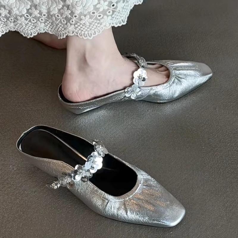 Bright Leather Flower Slip Slippers Summer New Square Toe Shallow Mouth Inside Heightened Pleated Wrapped Toe Sandals