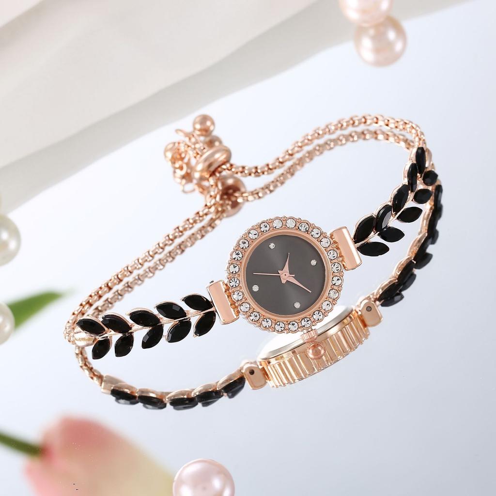 Fashion Green Leaf Thin Belt With Diamond Malachite Green Round Women'S Watch Pull Adjustment Chain Women'S Quartz Watch