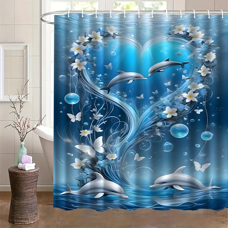 Blue Dolphin Heart Ocean Shower Curtain Waterproof Bathroom Decor Tropical Sea Life Curtain