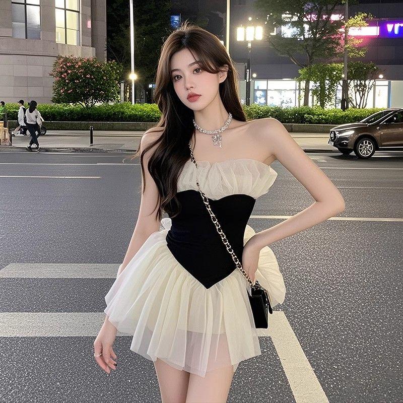 

Contrast Color One-shoulder Strapless Mesh Design Dress for Women French Temperament Niche Design Waist Short Skirt XL