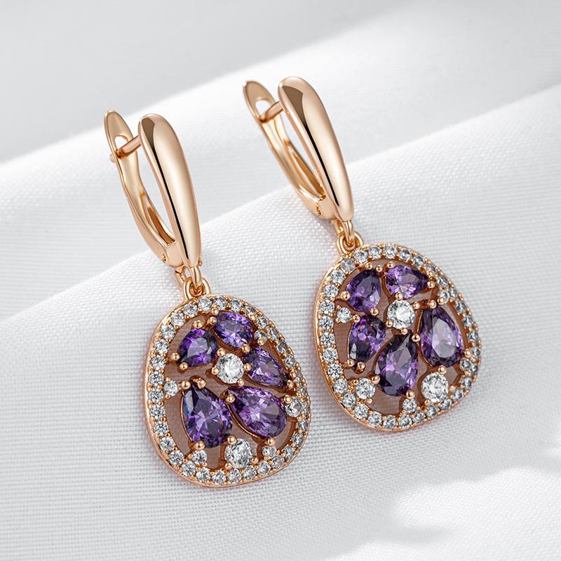 Shiny Purple Natural Zircon Drop Earrings For Women Trend  Rose Gold Color Bride Wedding Fine Jewelry Crystal Gift