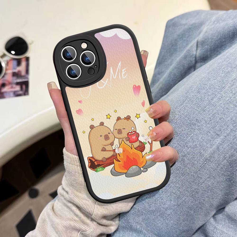 Cartoon Capybara Leather Phone Case For IPhone 16 16e 15 14 13 12 11 Pro Max Plus Mini Cover