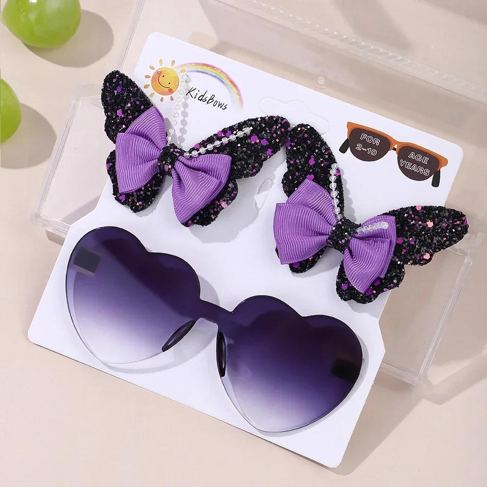 3Pcs/Card Glitter Butterfly Hair Clips Sunglasses for Girls Sparkling Kids Bows Hairpins Sun Glasses Cute Hair Accessories Set