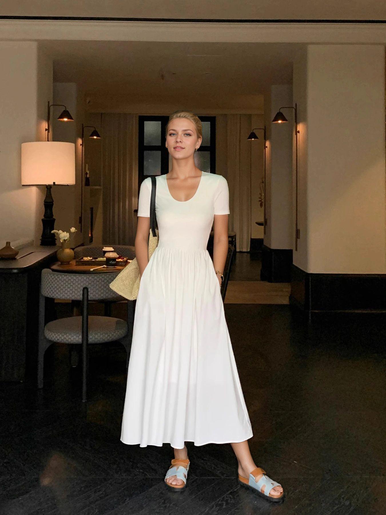 

European and American chiffon dress women s summer slim and thin short-sleeved knitted splicing medium and long skirt XS белый