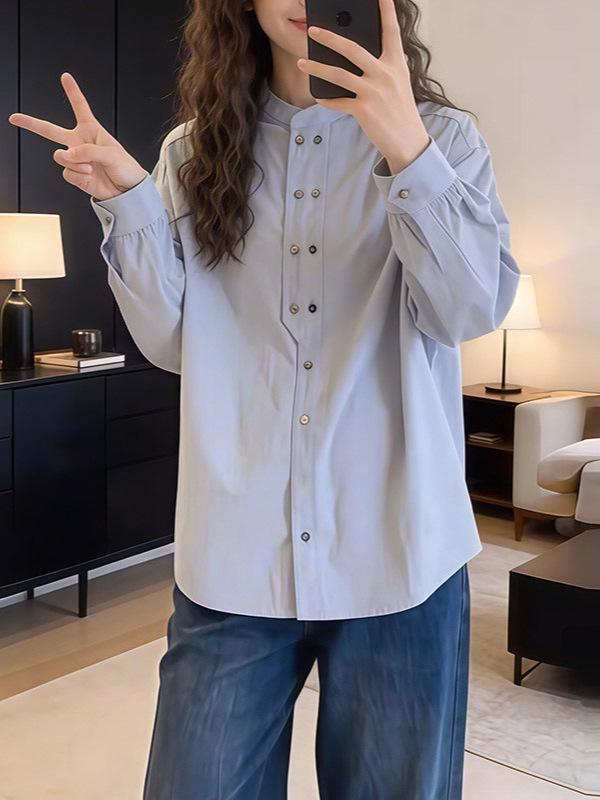 Women's Blue Double-Breasted Long-Sleeve Shirt - Spring/Autumn 2026 New Design, Loose Fit, Slimming Top