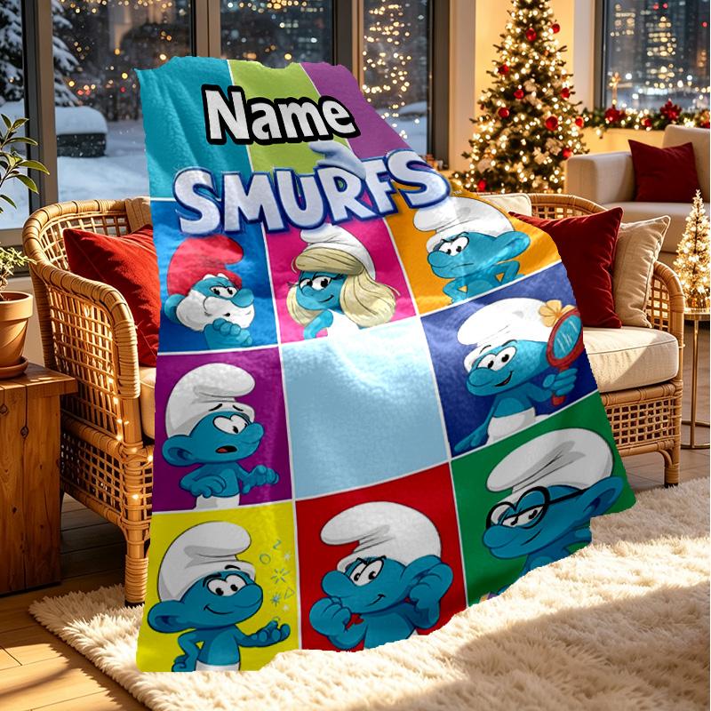 Custom Name Personalized Blue Smurfs Print Blanket, Home Decor, Bedroom, Sofa, Camping, Couch, Gifts for Birthday Christmas