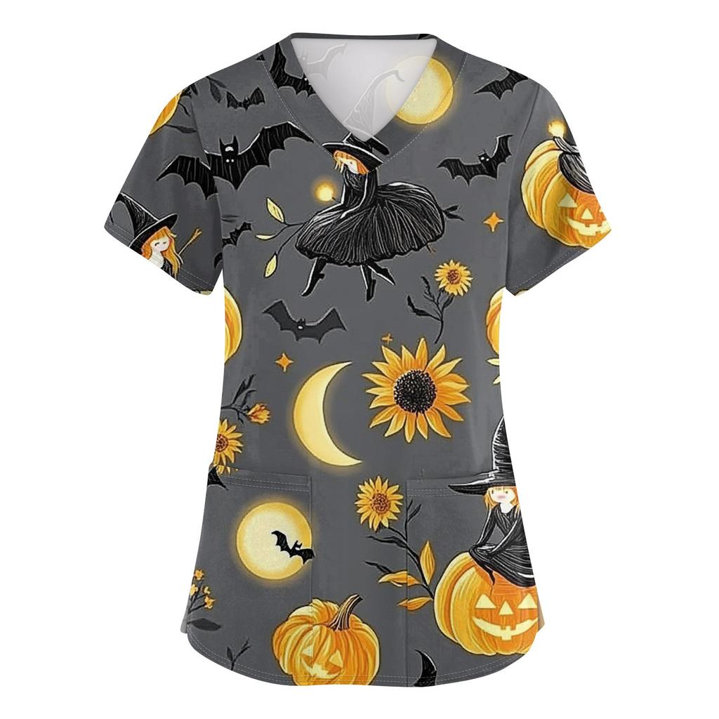 Women's V-neck Halloween Printed Short-sleeved Pocket Side-slit Protective Suit Top