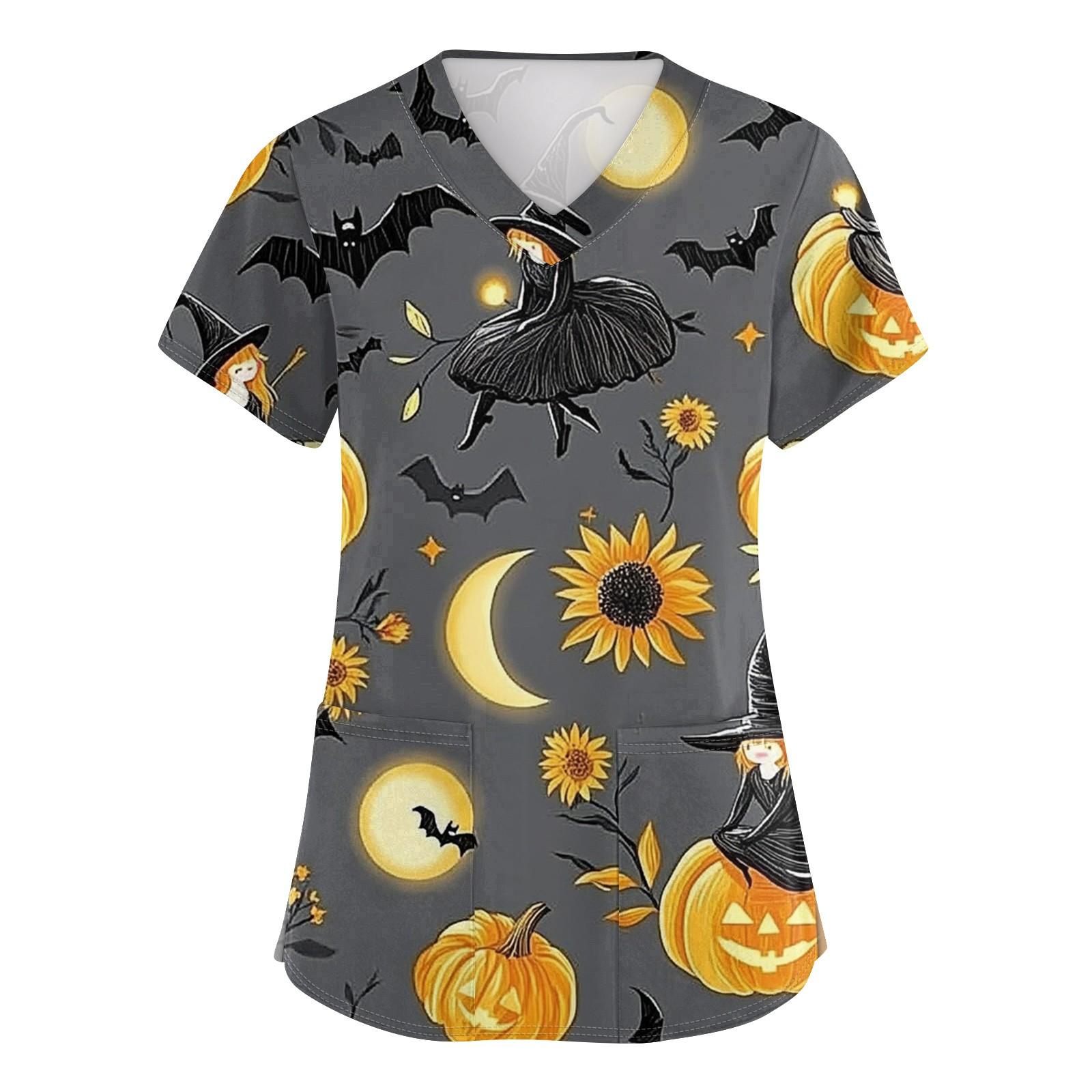 Women s V-neck Halloween Printed Short-sleeved Pocket Side-slit Protective Suit Top XXXL