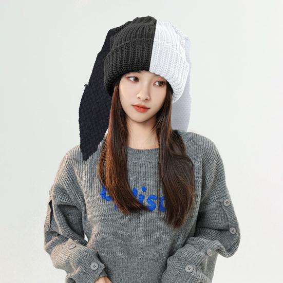 2Pcs 3D Long Rabbit Ears Beanie Hat, Women Bunny Knit Beanie Hat, Winter Warm Knit Rabbit Crochet Skull Hat, Patchwork Color ( Black & White, Blue &