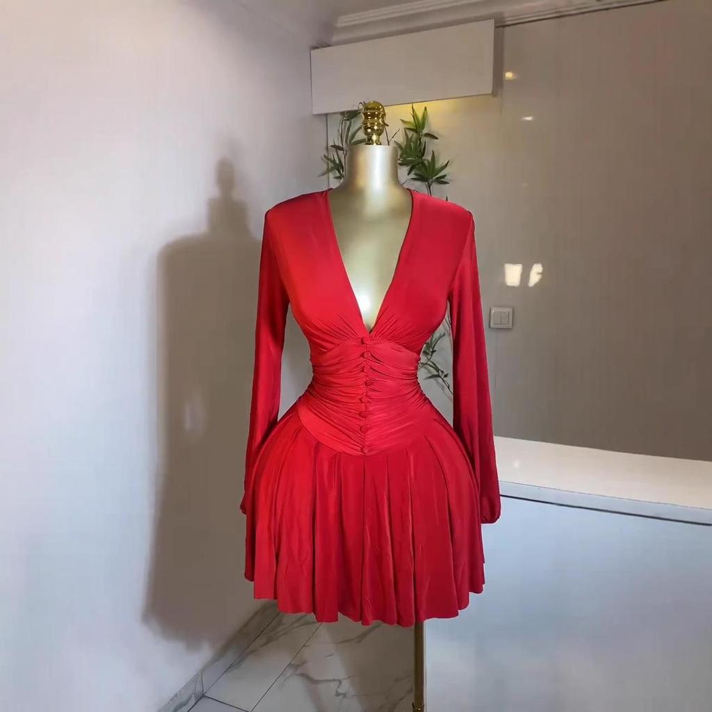 Women's French Style V-Neck Pleated Dress with Waist-Cinching Long Sleeves