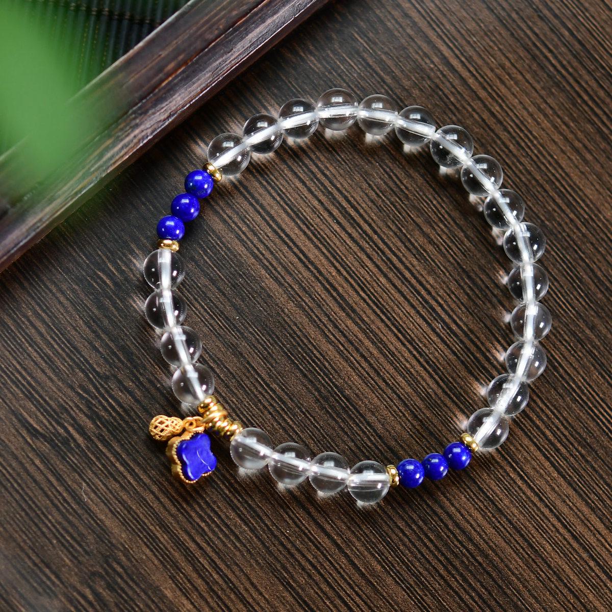 925 Silver Gourd Bracelet with Natural Crystal, Lapis Lazuli, and Four-Leaf Clover Bead 6mm