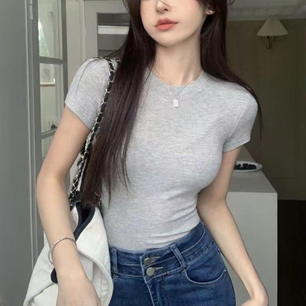 

Y2k Tees Shirts Women Basic Slim Crop Tops Chic Short Sleeve T Shirt Woman M сірий