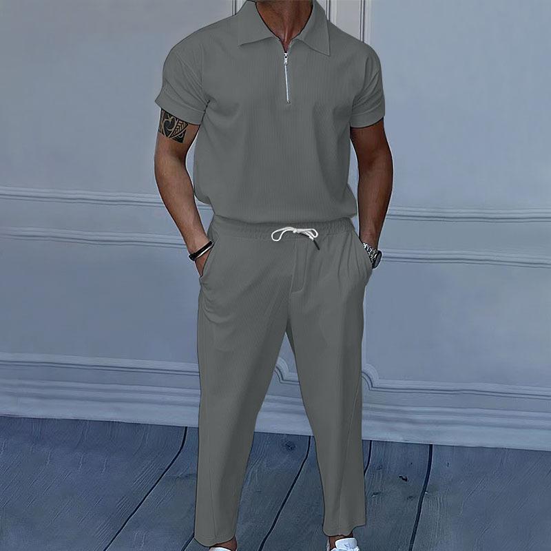 Completo estivo da uomo tinta unita con risvolto, manica corta, cerniera, pantaloni