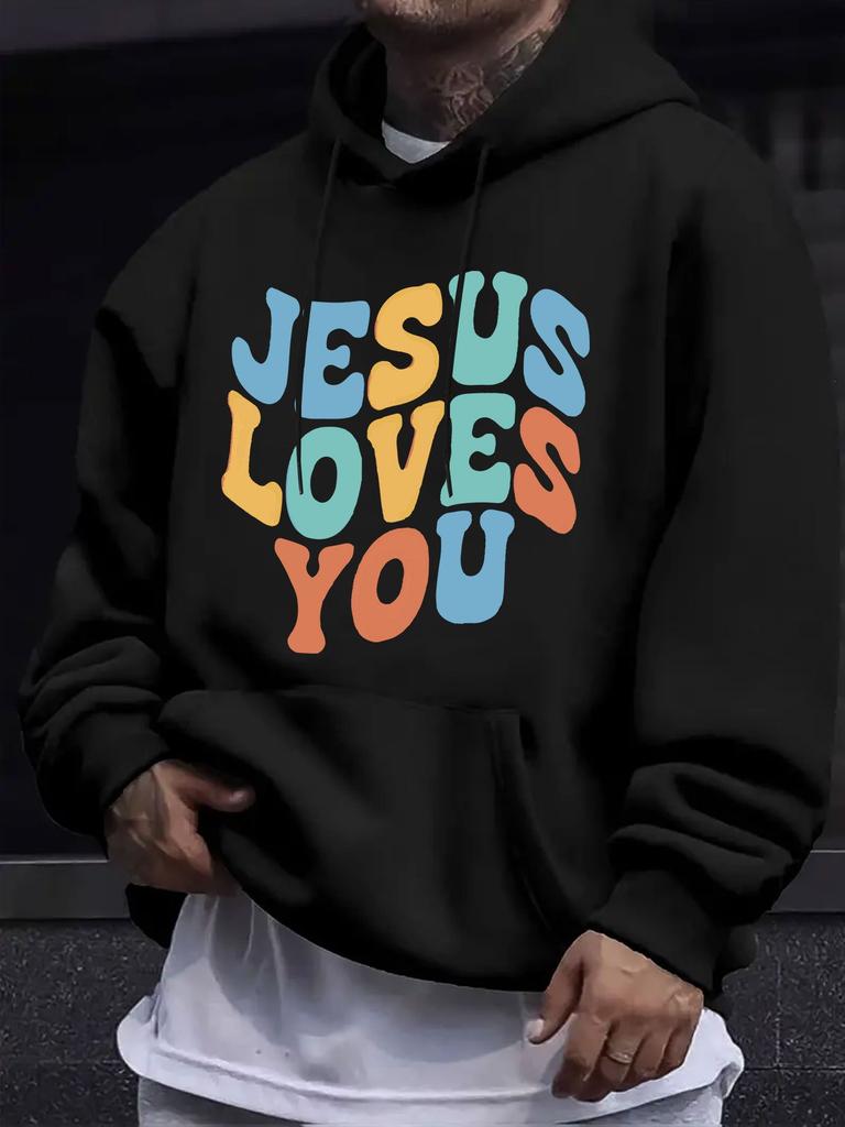 American/European Style unisex Autumn/Winter Printed Hooded Long-Sleeve Sweatshirt, "JESUS LOVES YOU" Color Gradient Text Print Hooded Sweatshirt, Gen