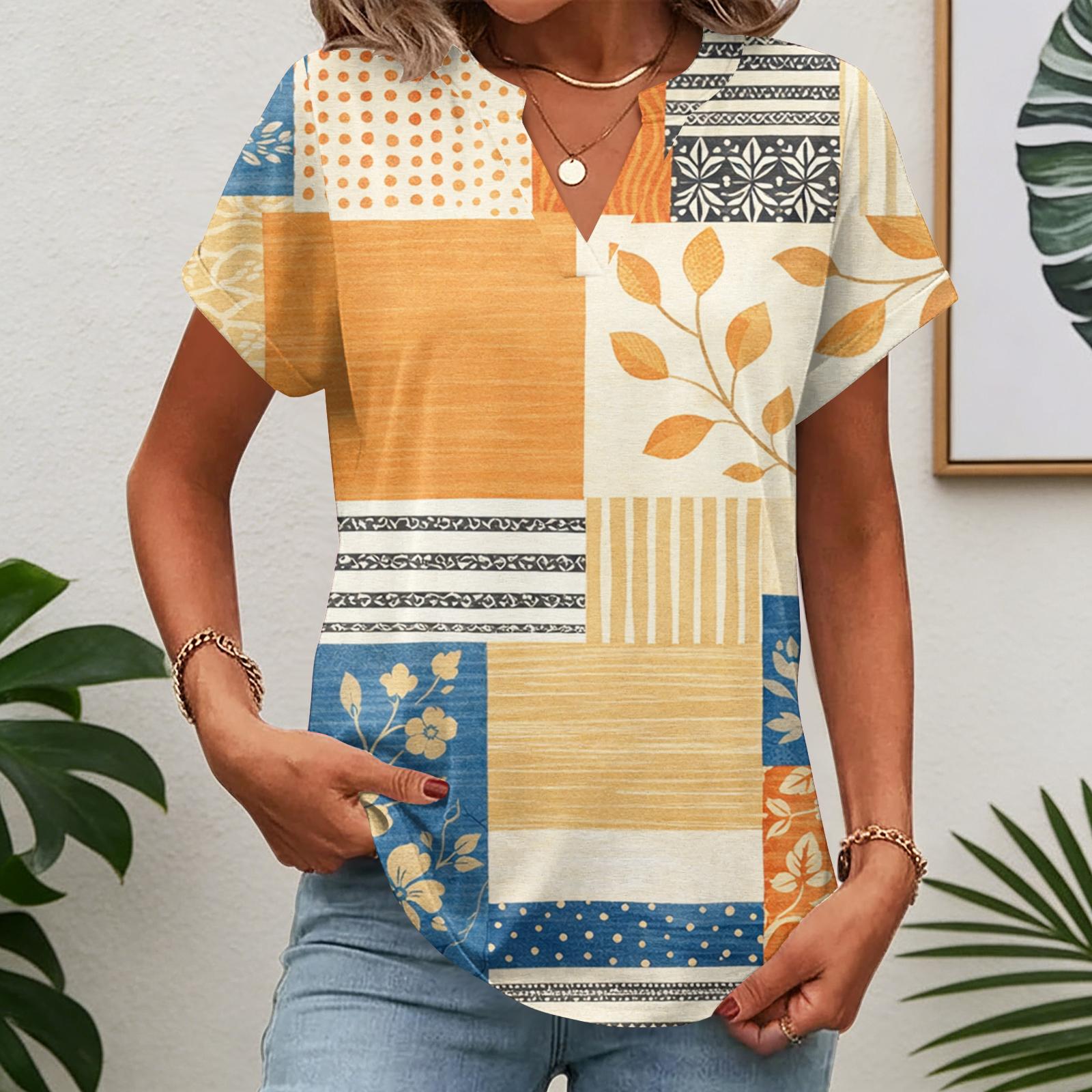 

Womens Tops Short Sleeve Tee Summer V Neck Shirts Work Blouses Business Tunic XL жовтий