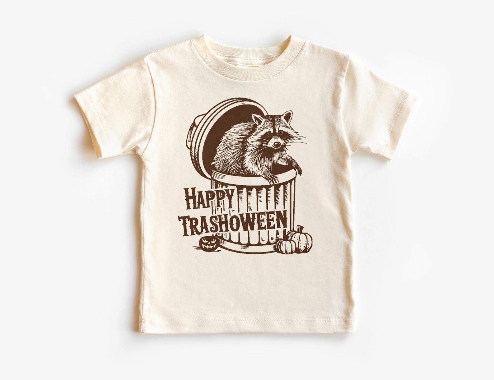 Happy Trashoween Raccoon Kids Shirt - Funny Raccoon In Trash Can Tee - Cute Feral Animals - Unisex & Youth Natural T-Shirt 130