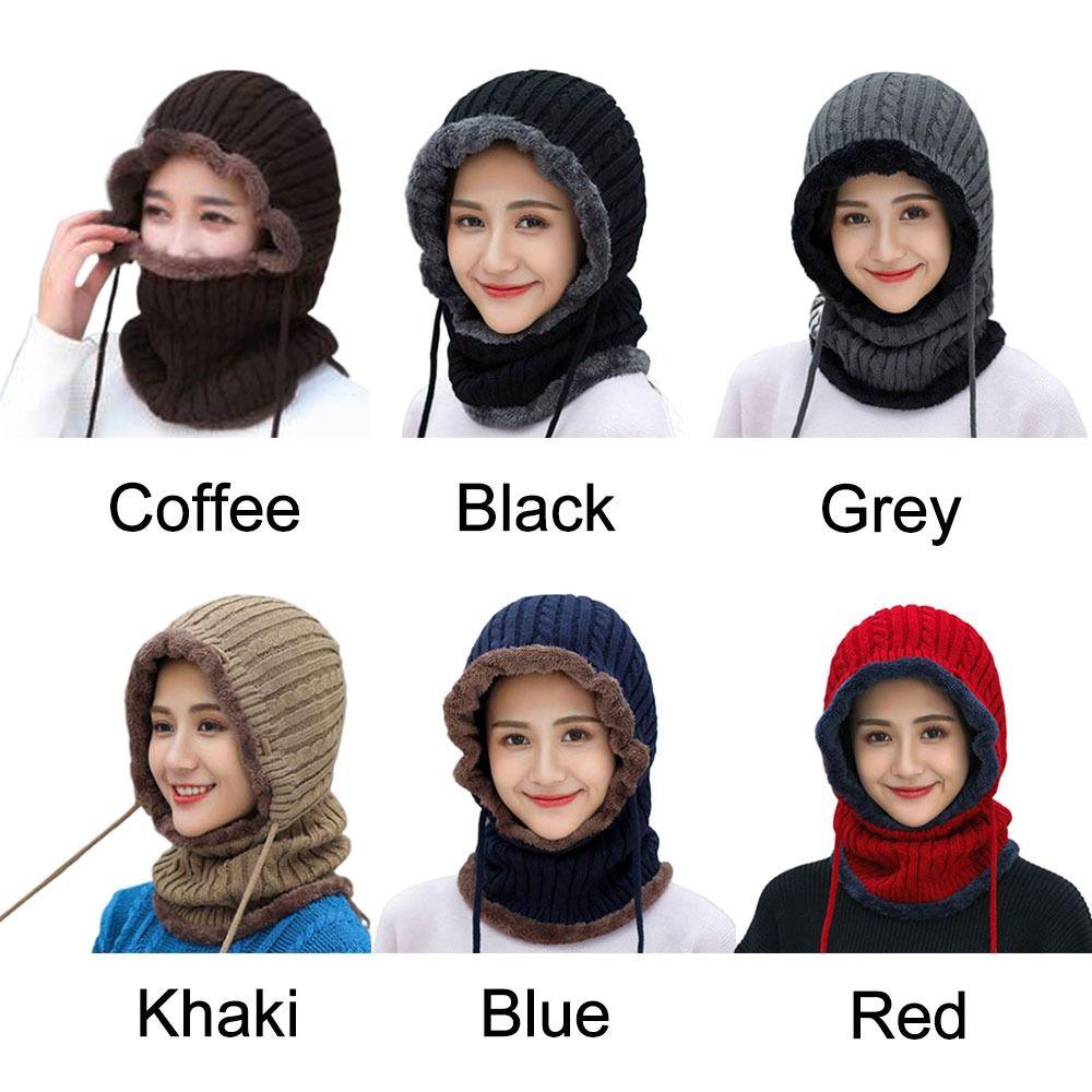 Plush Winter Warm Outdoor Sports Ear Protection Hooded Hat Scarf Knitted Beanies Cap Neck Warmer