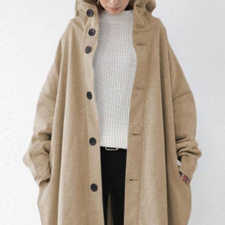 Winter Women Long Sleeve Trench Coat Ankle Length Hooded Single Breasted Thick Pockets Solid Color Irregular Hem Casual Outdoor Jacket