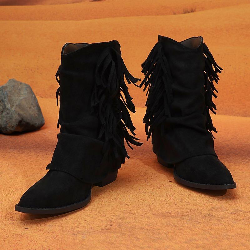 Spring New Coarse Heel Shoes Women's Pointed Suede Sleeve Tassel Soft Sole Non-slip Short Boots