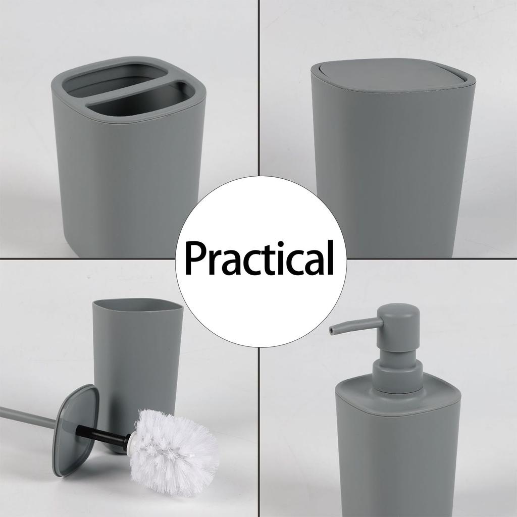 6 Piece Bathroom Set Plastic Toothbrush Holder Waste Bin Combo For Modern Bathroom Storage