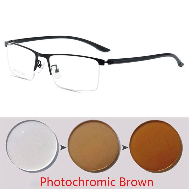 Semi-Rimless Business Metal Glasses Photochromic Lenses and Anti-UV Coating for Men Square Prescription 0 -0.5 -0.75 To -6