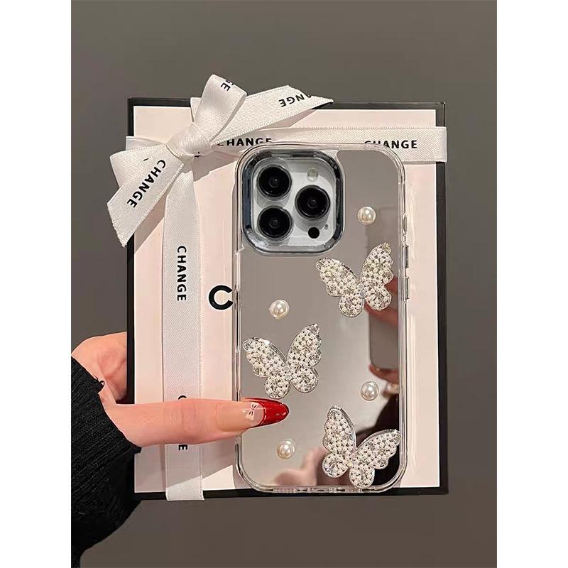 Electroplating Mirror Three-dimensional Pearl Butterfly Phone Case for IPhone 17, Apple 16, Promax Women's 14 Personality