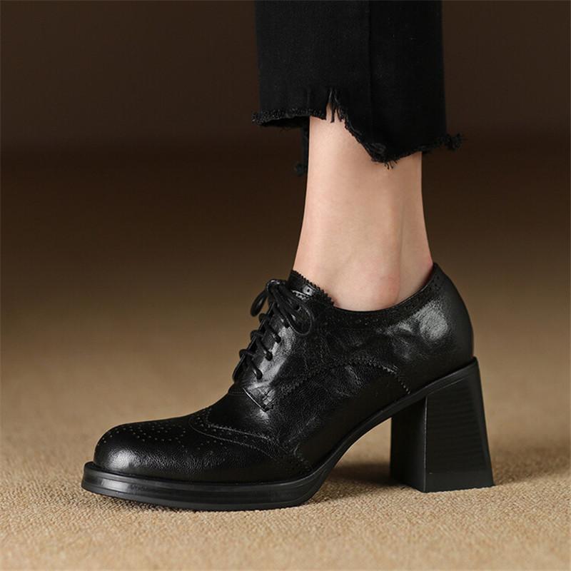 Fashion New Spring Genuine Leather Women Shoes Round Toe Women Pumps Brogue Designs Shoes for Women High Heel Lace Loafers Ladies Shoes