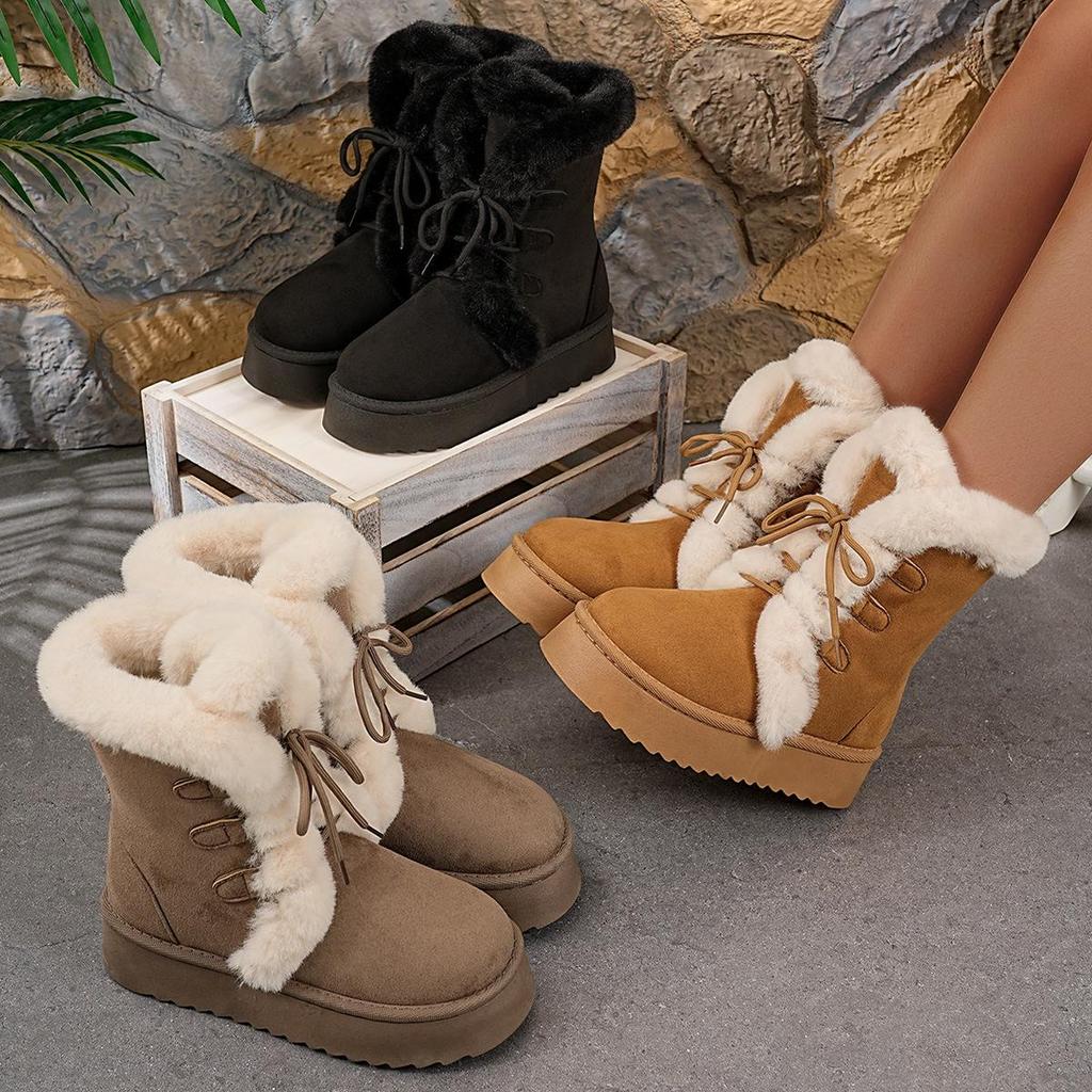 2025 Women's Fleece-Lined Sheepskin Snow Boots - Thick Sole & Height-Increasing, Warm & Furry for Autumn/Winter.