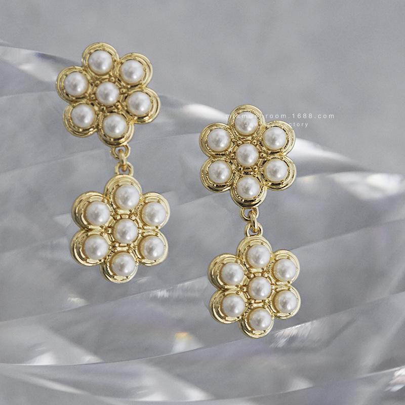 

Винтажные французские серьги-подвески из латуни с цветочным узором и жемчугом, со штифтами/клипсами из стерлингового серебра S925