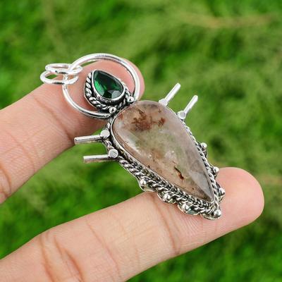 Natural Elestial Quartz Chrome Diopside Sterling Silver Handmade Pendant Jewelry
