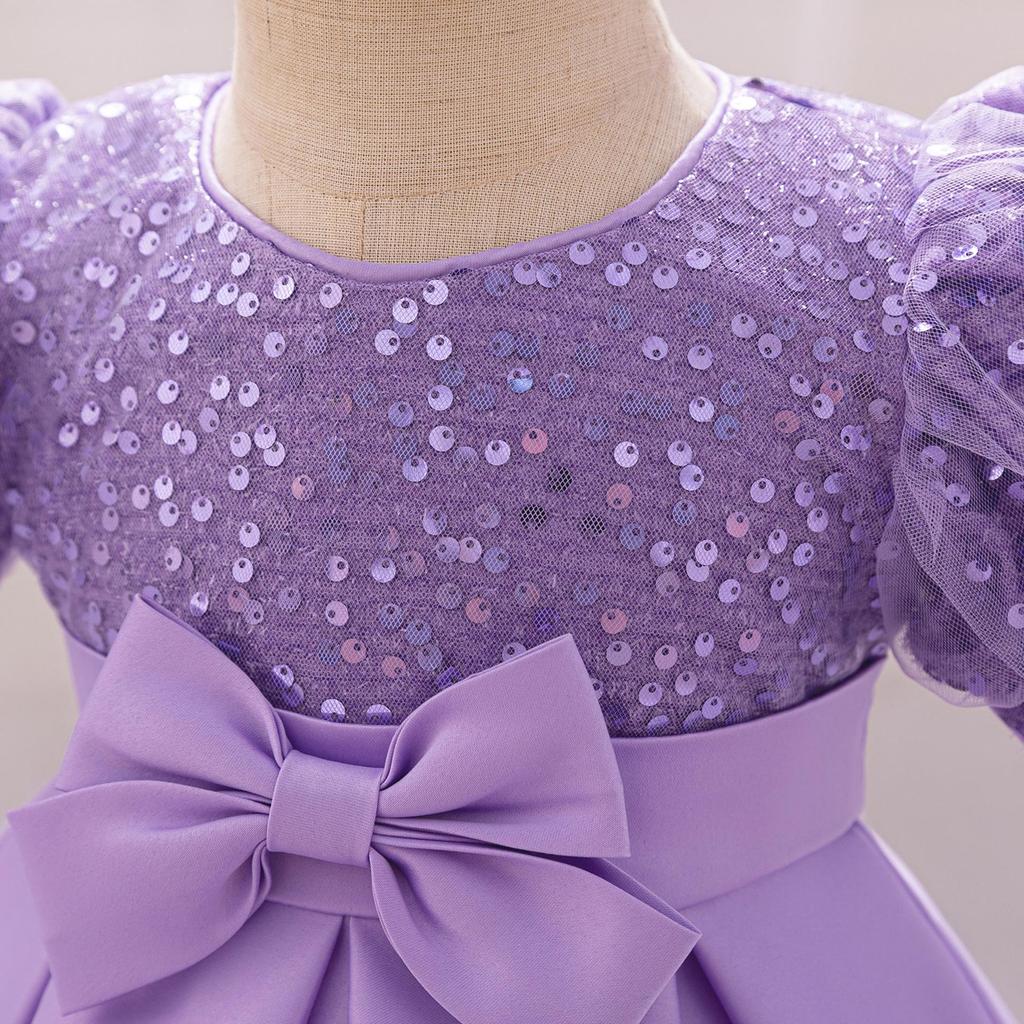 New European & American 1-Year-Old Girls' Bow Princess Dress with Puff Sleeves & Sequined Skirt